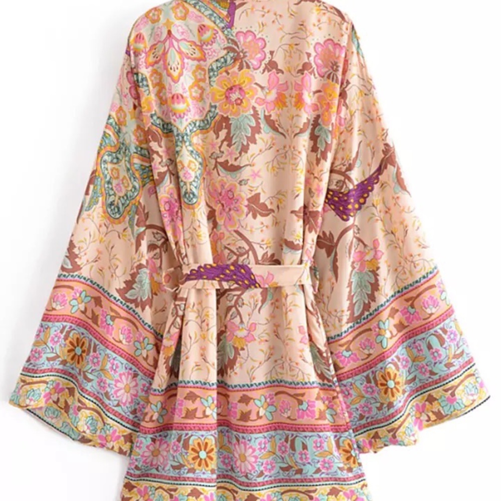 Boho bikini cover up top kimono gypsy style floral wide sleeve peacock - Picture 6 of 6